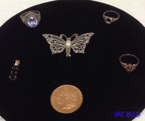 lot 67 image: Collection of Jewelry - Rings, Pendant, Pin & Coin