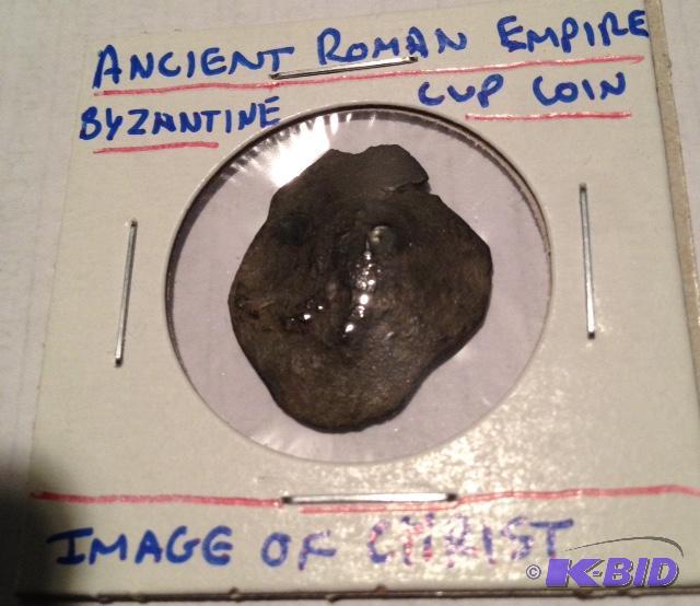 lot 10 image: Ancient Roman Empire Byzantine Cup Coin and Image of Christ front side and Two Priests on back side