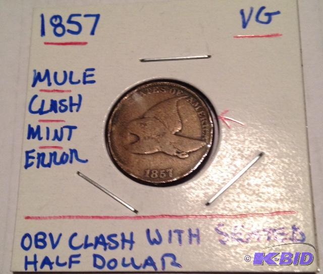 lot 17 image: 1857 Flying Eagle Cent Obverse Clashed with a Seated Liberty Half Dollar Duel Denomination Clash