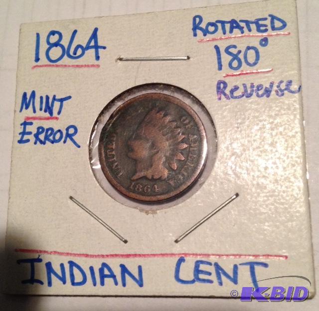 lot 18 image: 1864 Indian Head Cent Mint Error Rotated Reverse 180 Degrees, Better Date Indian Head Cent
