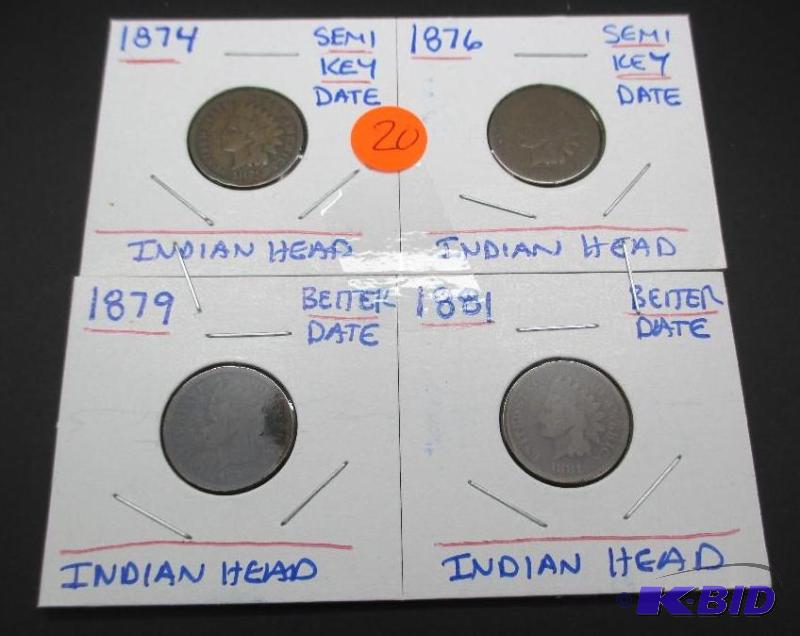 lot 20 image: 1874 and 1876  Semi Keys and 1879 and 1881 Better Date Indian Head Cents