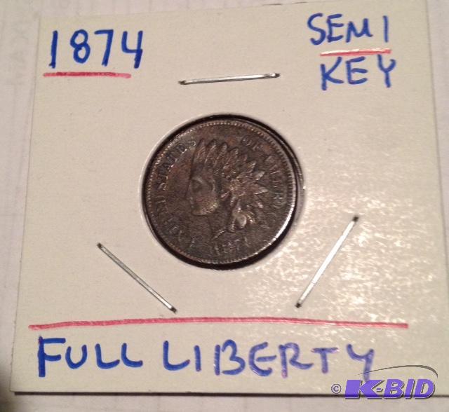 lot 21 image: 1874 Indian Head Cent with a Full Liberty Semi Key Date