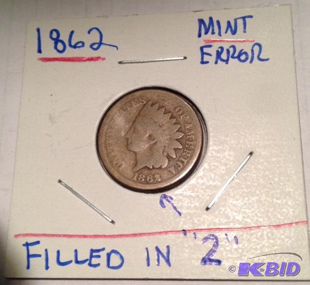 lot 23 image: 1862 Indian Head Cent Mint Error Filled in 2 in date never have seen this before cool variety.