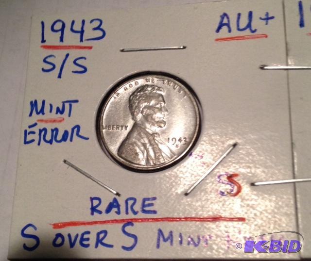 lot 25 image: 1943-SS Lincoln Re-Punched Mint Mark Nice AU and a 1943-S Gem BU Lincoln Steel Cents