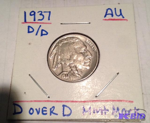 lot 26 image: 1937-DD Buffalo Nickel Re-Punched Mint Mark Nice AU Grade