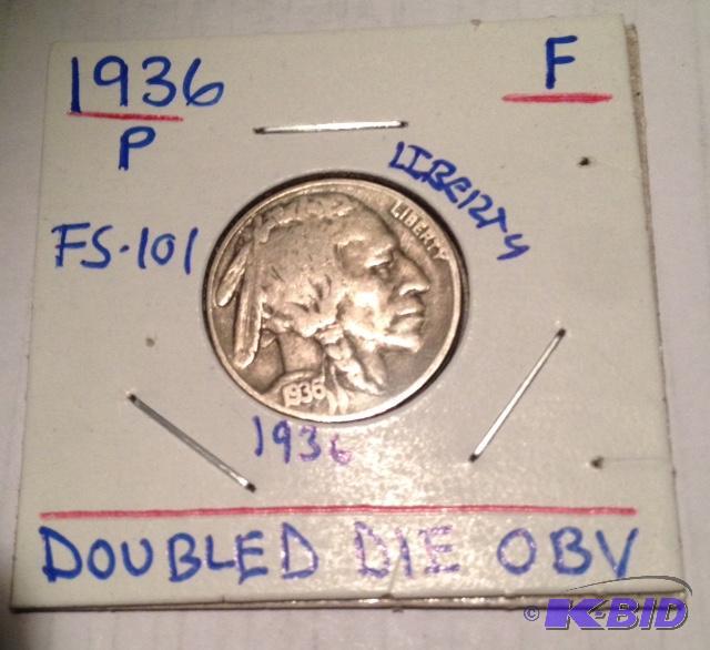 lot 27 image: 1936-P Buffalo Nickel Doubled Die Obverse FS- 101  Strong doubling on LIBERTY and 1936 Nice Grade Fi