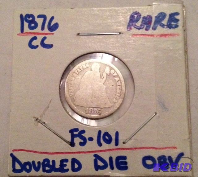 lot 28 image: 1876-CC Seated Liberty Dime Doubled Die Obverse FS-101 Very Strong Doubling in OF AMERICA