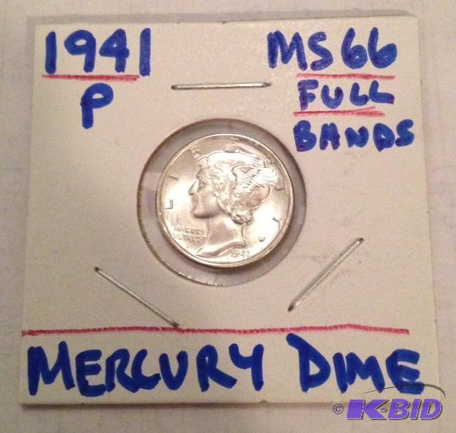 lot 30 image: 1941-P Mercury Dime Blast White MS66 Full Bands.