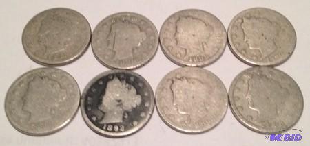 lot 43 image: 1 lot of (8) Better Date Liberty Head Nickels 1887, 1888, 1889, 1890, 1891, 1892, Semi Key 1894 and