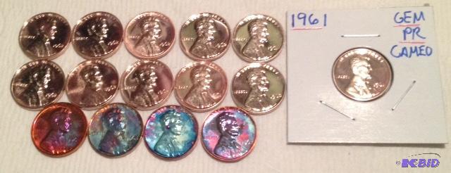 lot 44 image: 1 lot of 15 Proof Lincoln Cents 4 have Wild Toning 1 is Cameo.