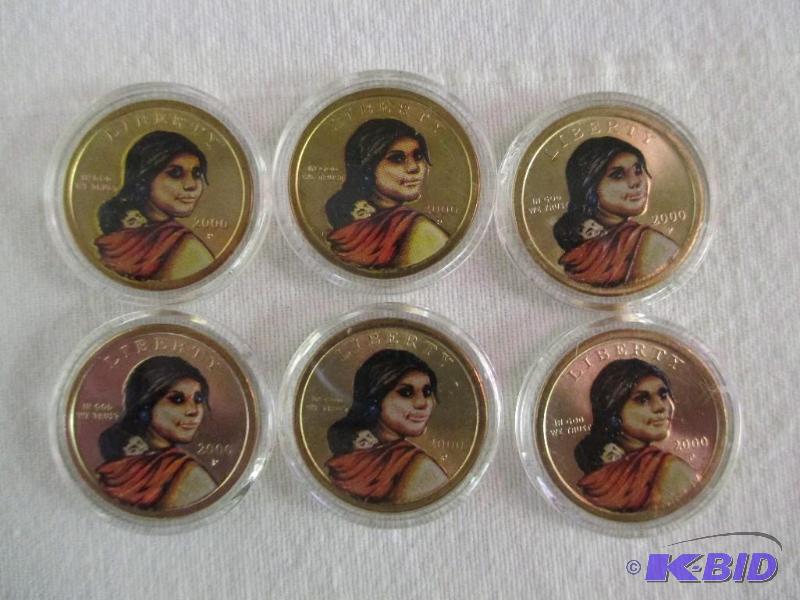 lot 7 image: (6)  2000-P First Year Issue Golden Dollars Painted Gem BU
