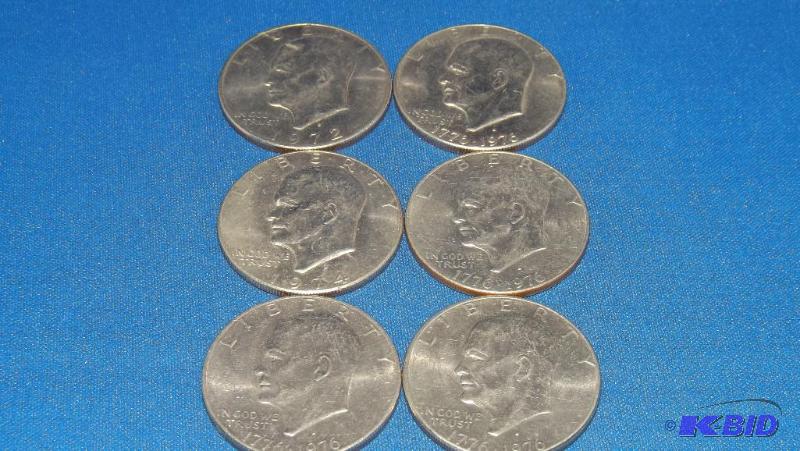 lot 161 image: Six Eisenhower Dollar Coins, 1972, 1974, 1976...