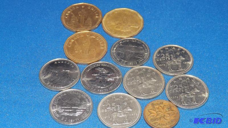 lot 233 image: Canadian Coins, 3 Loonies, 8 Quarters and a P...