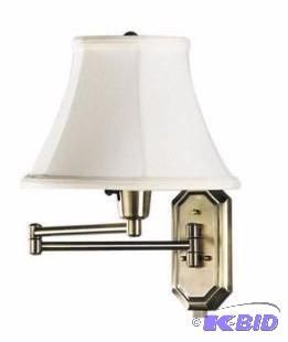 lot 42 image: Hampton Bay Brushed Nickel Wall mount swivel arm Lamp wshade, New in box, Damaged Box
