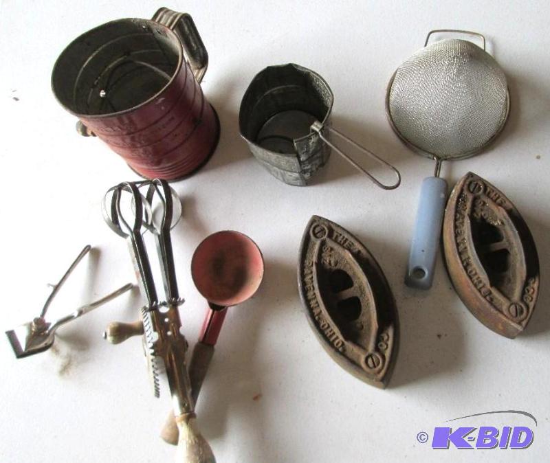 Lot of vintage kitchen items and irons...