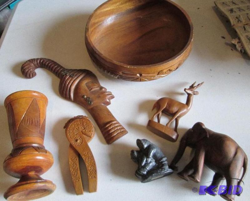 Lot of carved wood figures and a wood bowl...
