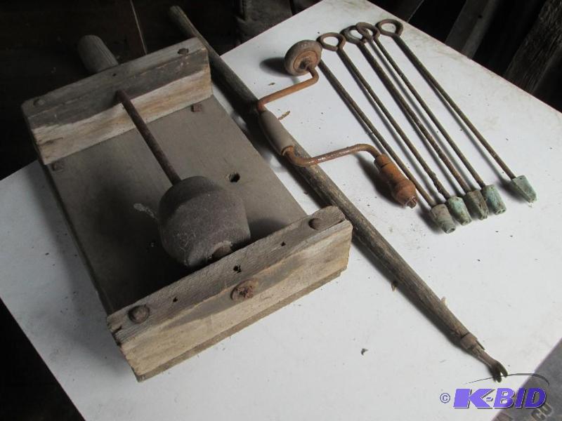 Antuique grinder, pry bar, hand drill and bra...