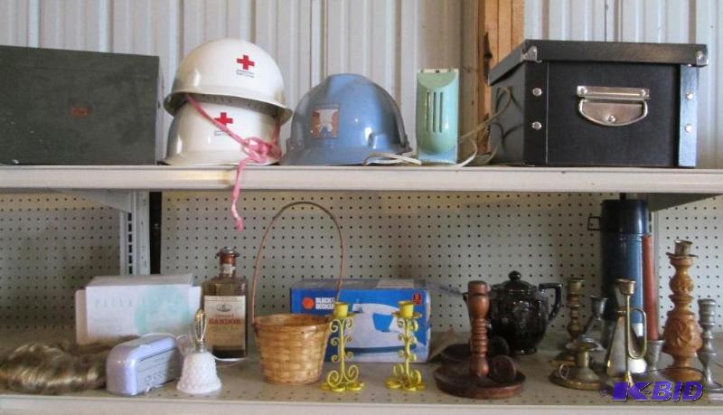 Lot of candle holders, hard hats, file boxes,...