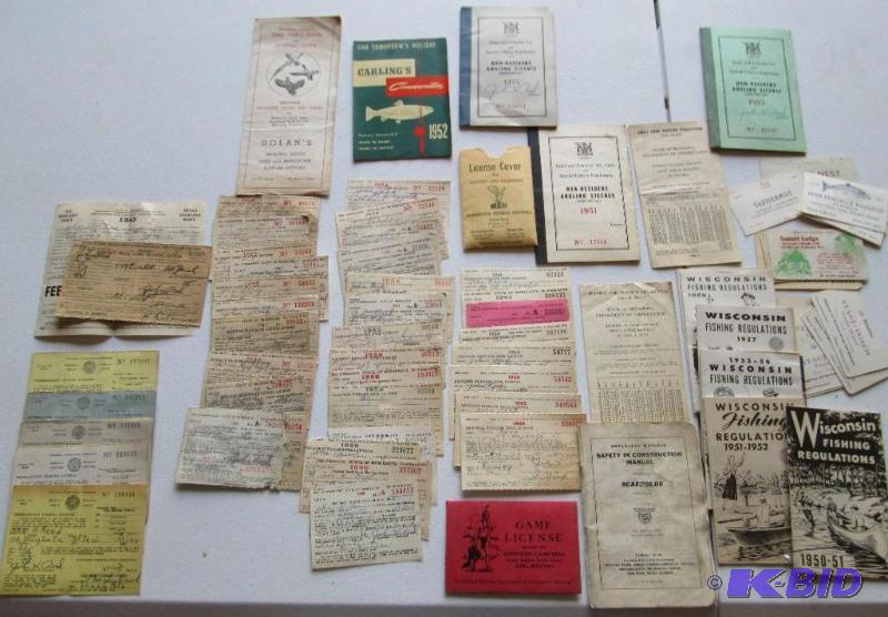 Lot of vintage fishing licenses, business car...