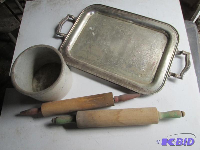 Small stoneware crock, vintage rolling pins a...