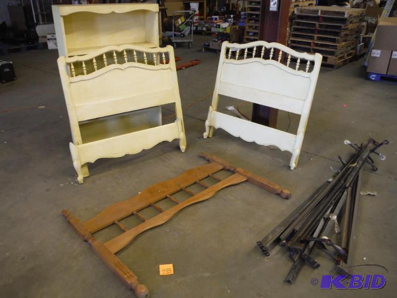 lot 98 image: Lot of 2 Antique Matching Kids Beds wframes, Book Shelf and a Wood Head Board