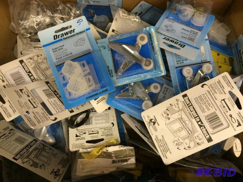 box of Brand new drawer tracks and locks and misc