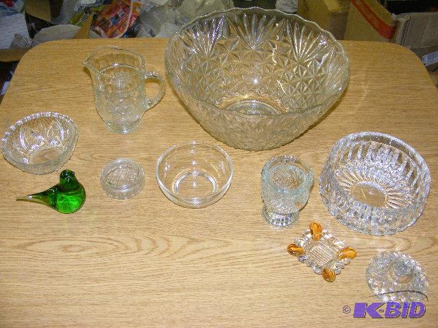 variety of glass dishes, punch bowl, serving ...