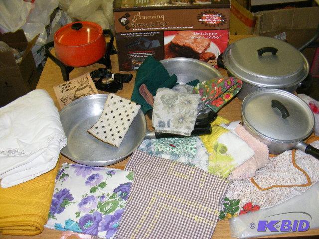 pots and pans, tableclothes and napkins