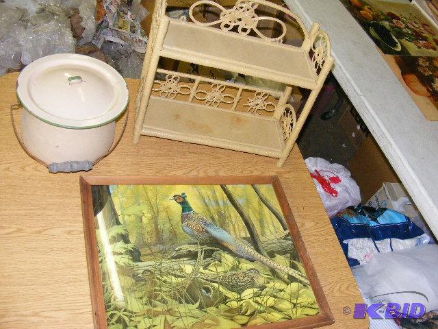 pheasant picture, pot, and shelf