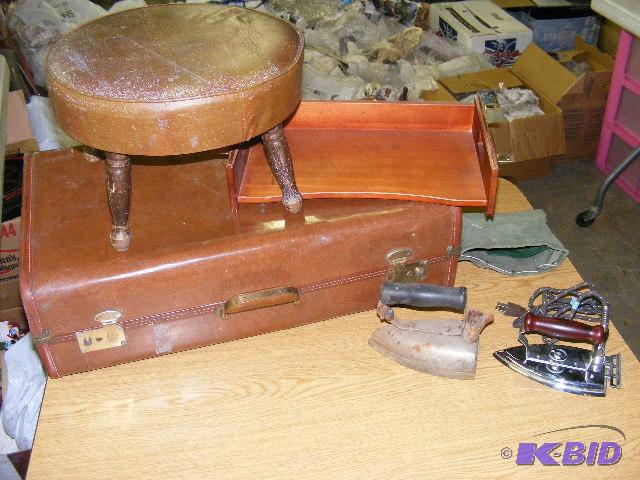 vintage irons, suitcase, footstool