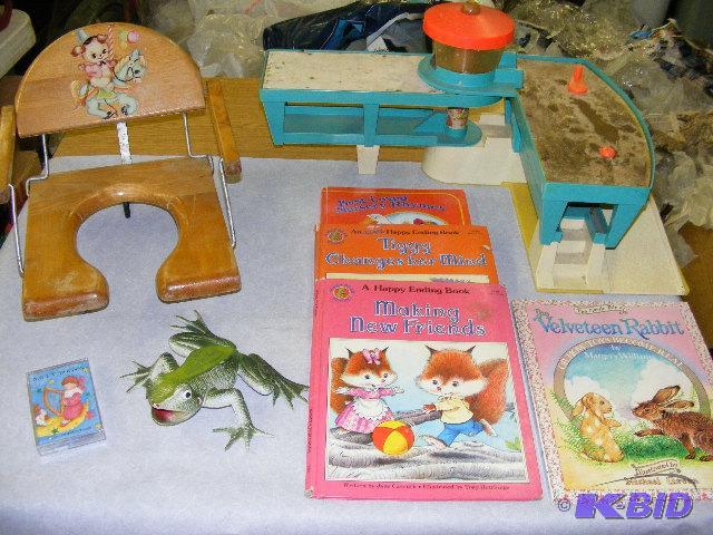 potty seat, toys, books