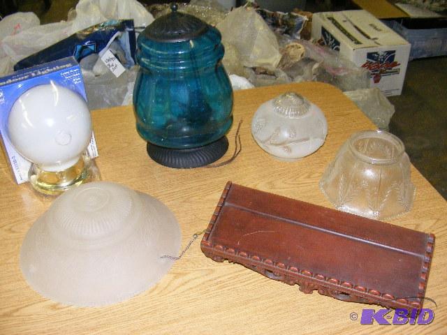 antique light shades, light fixtures, shelf