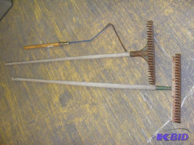 two older rakes and weed sickle...