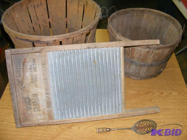antique apple baskets and washboard