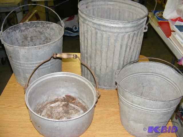 3 large pails and a kettle