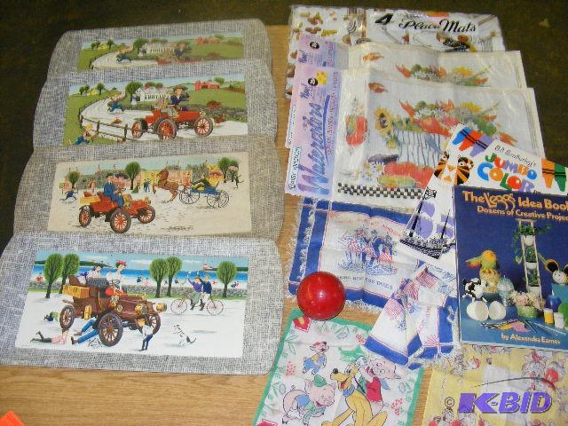 vintage trays, handkerchiefs, iron ons