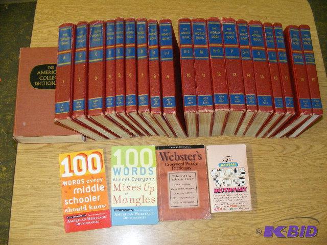 dictionary, encyclopedia set, misc books