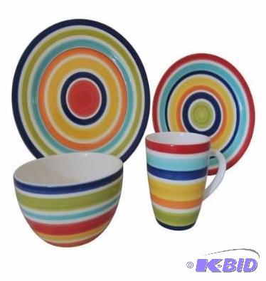 lot 1 image: Mainstays Multi-Stripe 16-Piece Dinner Set, Ceramic.  Missing One Bowl.  Current Set.