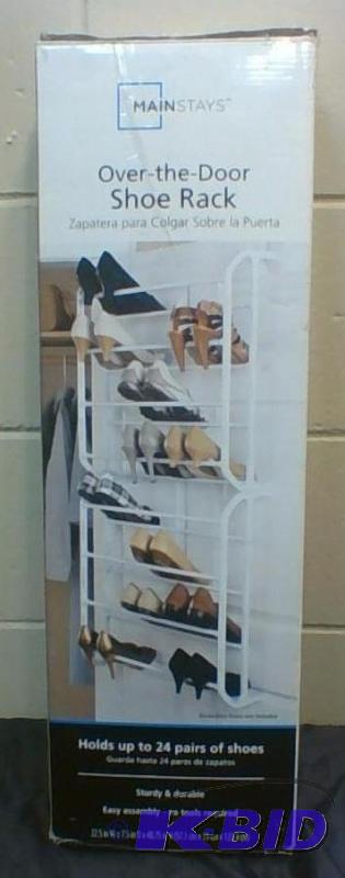 lot 22 image: Mainstays.  Over the Door Shoe Rack and 2 tier Shoe Rack.  Both new in Box.