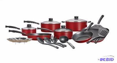 lot 4 image: Mainstays 18-Piece Nonstick Cookware Set. RED  No Box.  Small pan slightly dented.  See Pics