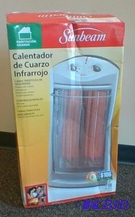 lot 40 image: Sunbeam Electric Tower Quartz Heater.  Damaged Box.    Tested Works