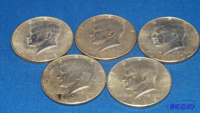 lot 256 image: 5 Kennedy Half Dollars, 40% Silver. 1965, 196...