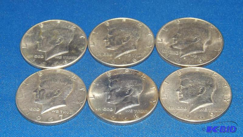 lot 257 image: 6 Kennedy Half Dollars, 40% Silver. 1966, 196...