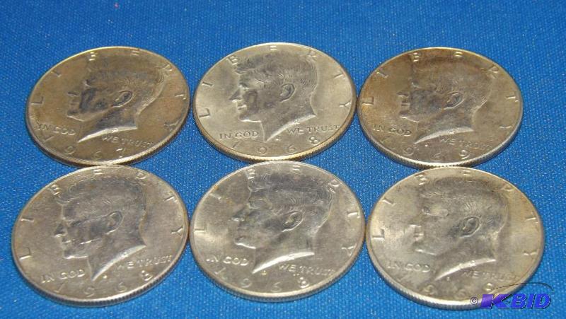 lot 258 image: 6 Kennedy Half Dollars, 40% Silver. 1967, 196...