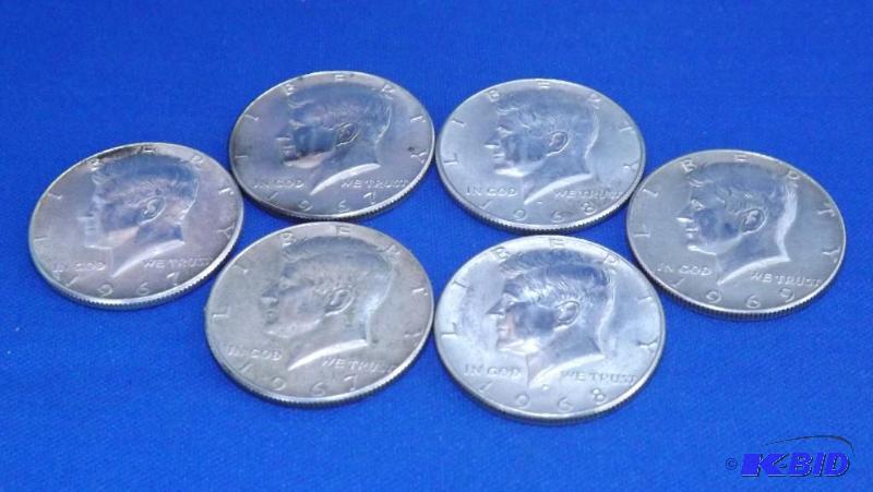 lot 259 image: 6 Kennedy Half Dollars, 40% Silver. 1967 (3),...