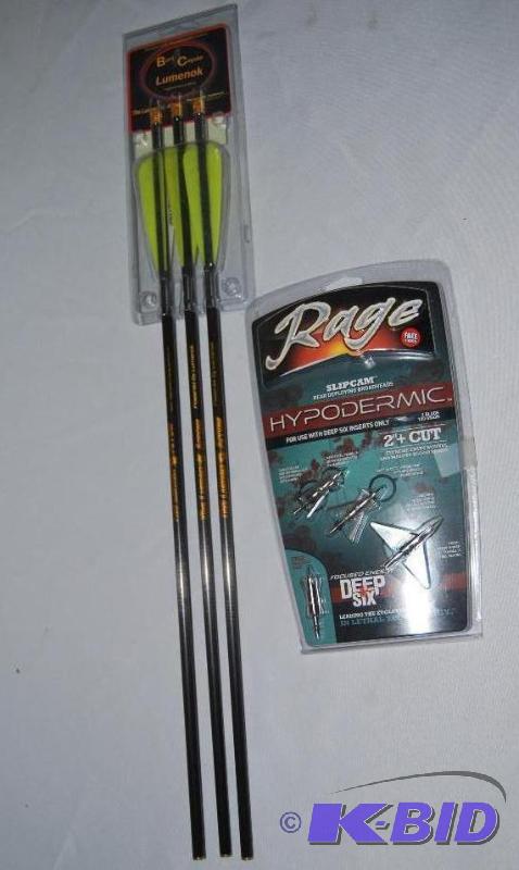 lot 63 image: LumenArrow XB 22 3 pack arrows and Rage HD De...