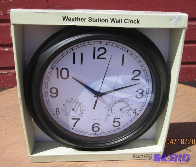 lot 14 image: weather station wall clock- requires one AA b...