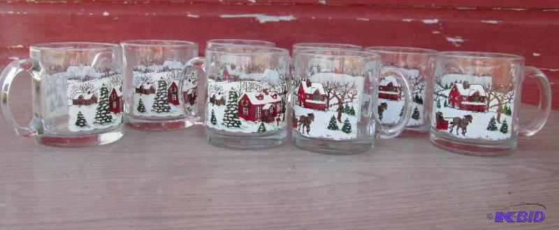 lot 218 image: Set of 8 holiday themed clear coffee mugs. Pe...