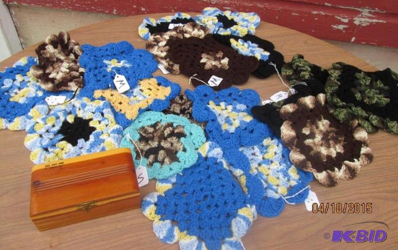 lot 44 image: pot holders and small wooden box...