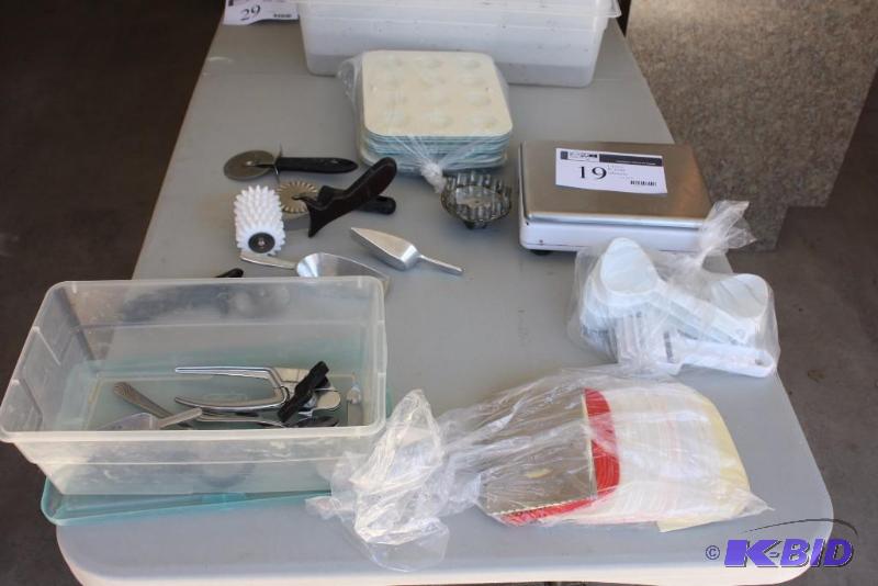 lot 19 image: Lot of (13) Including Globe GPS10 Electronic Scale Baking Utensils Muffin Trays And More.